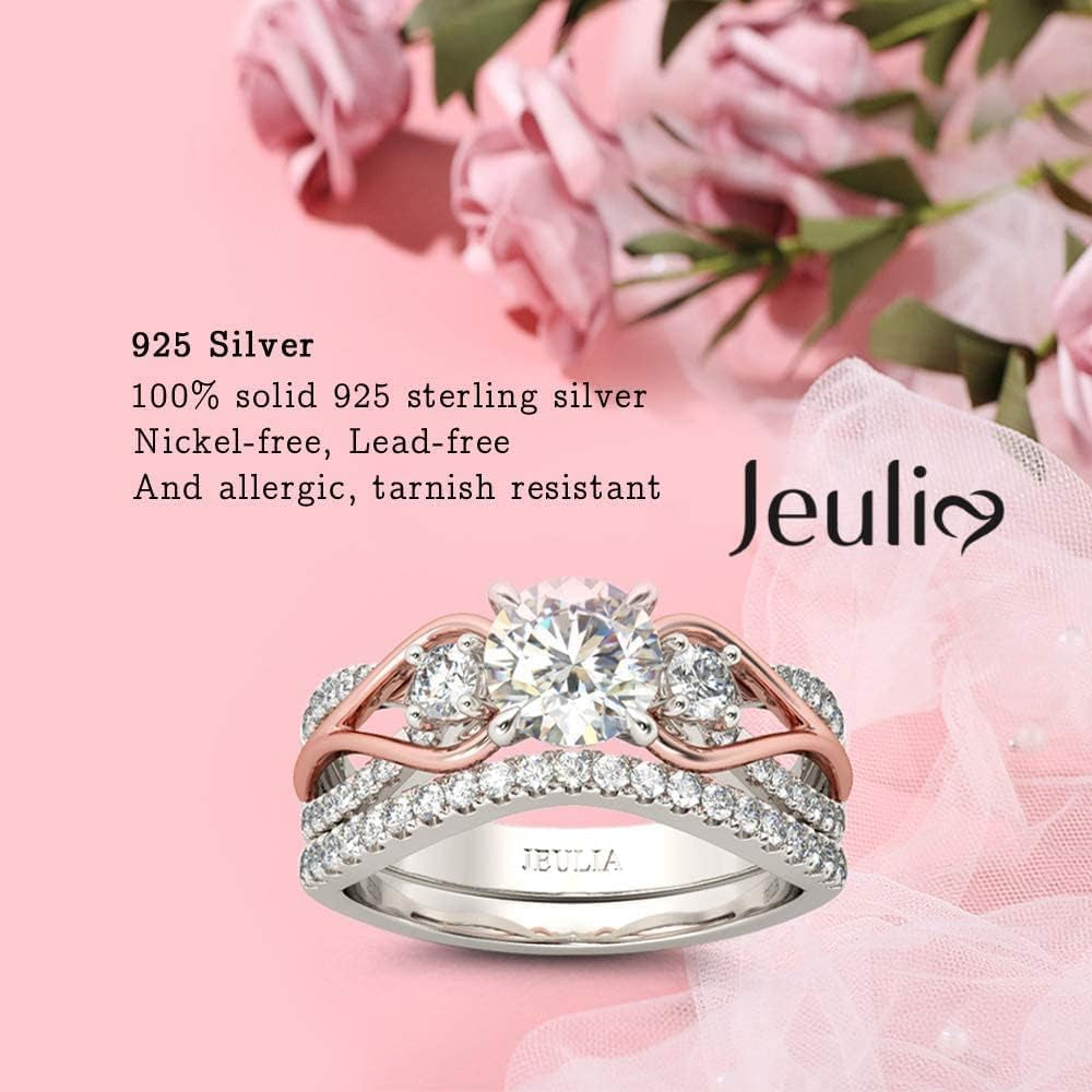 Two Tone Rings for Women Rose Gold Three Stone round Cut Engagement Rings Sterling Silver Halo Bridal Ring Set Anniversary Promise Wedding Ring with Jewelry Gift Box