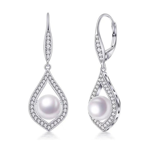 Elegant 18K White Gold Teardrop Pearl Earrings with Created Sapphire Accents - Alrickas’ UNIQUE BOUTIQUE