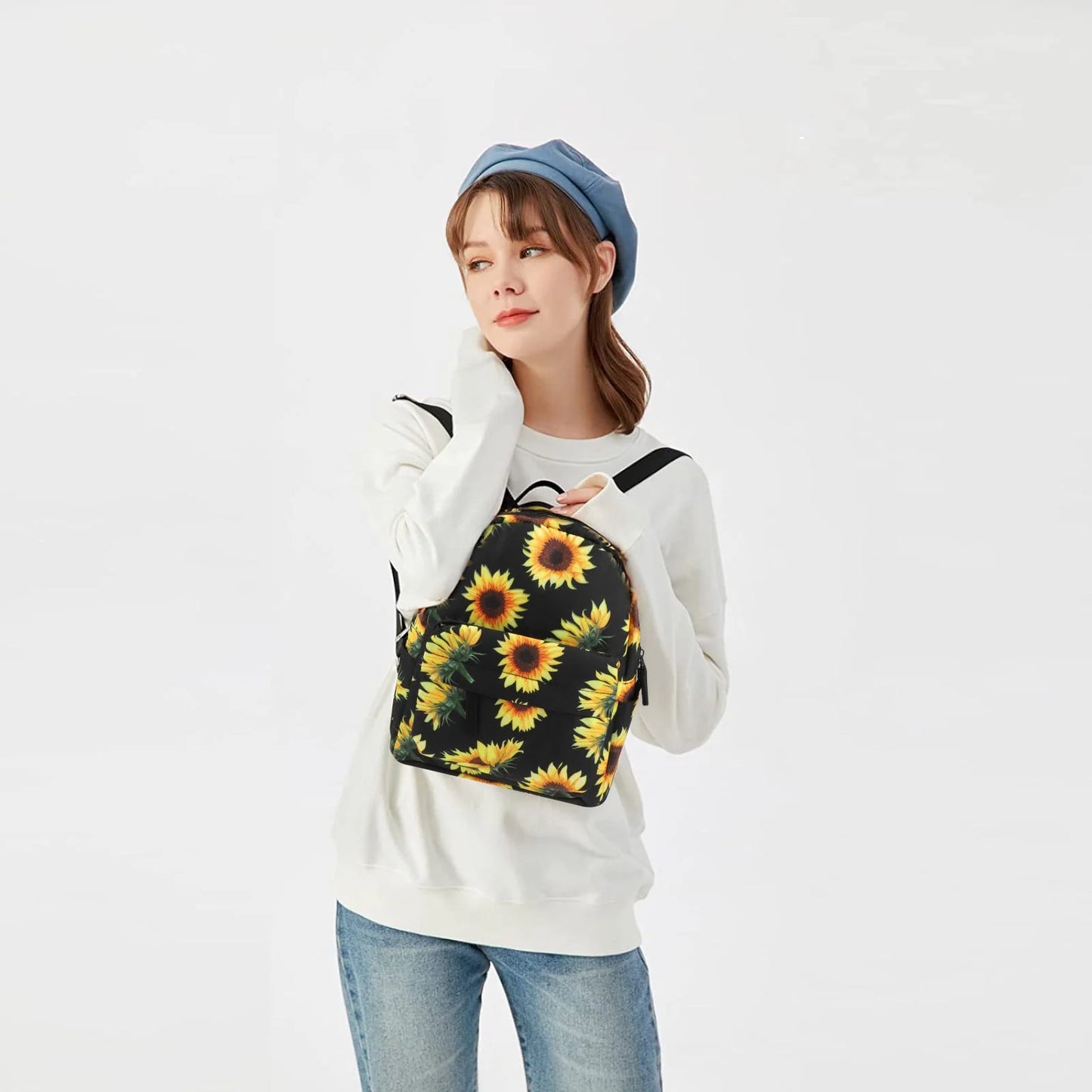 Sunflower Mini Backpack, Sunflowers Printing Backpack, Small Backpack Purse for Women, Cute Backpack Purse, Sunflower Rope Crossbody Shoulder Bag (Black Sunflower)