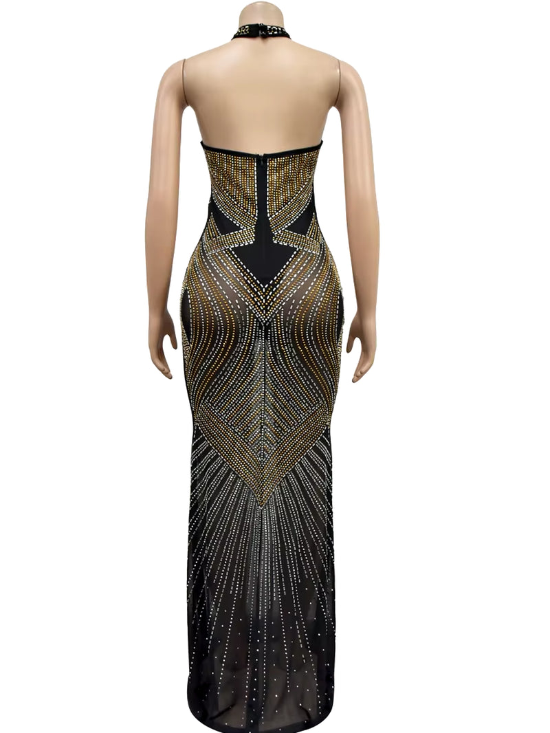 Glamorous Backless Rhinestone Maxi Dress - Perfect for Parties and Celebrity Events - Alrickas’ UNIQUE BOUTIQUE