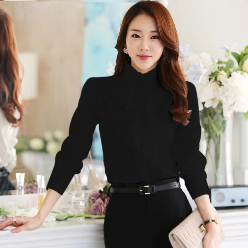 Fashion Ruffles Design Blouse Shirt Female Long Sleeve Stand Collar White Black Office Lady Work Formal Women Tops Autumn 2021