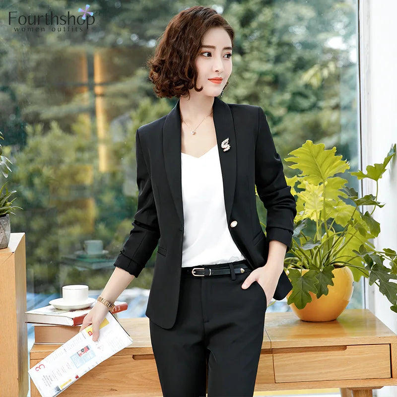 Fashion Women'S Pant Suits Office Lady Business Work Uniform 2 Piece Pants Blazer Set Autumn Spring Formal Jacket Suit Female