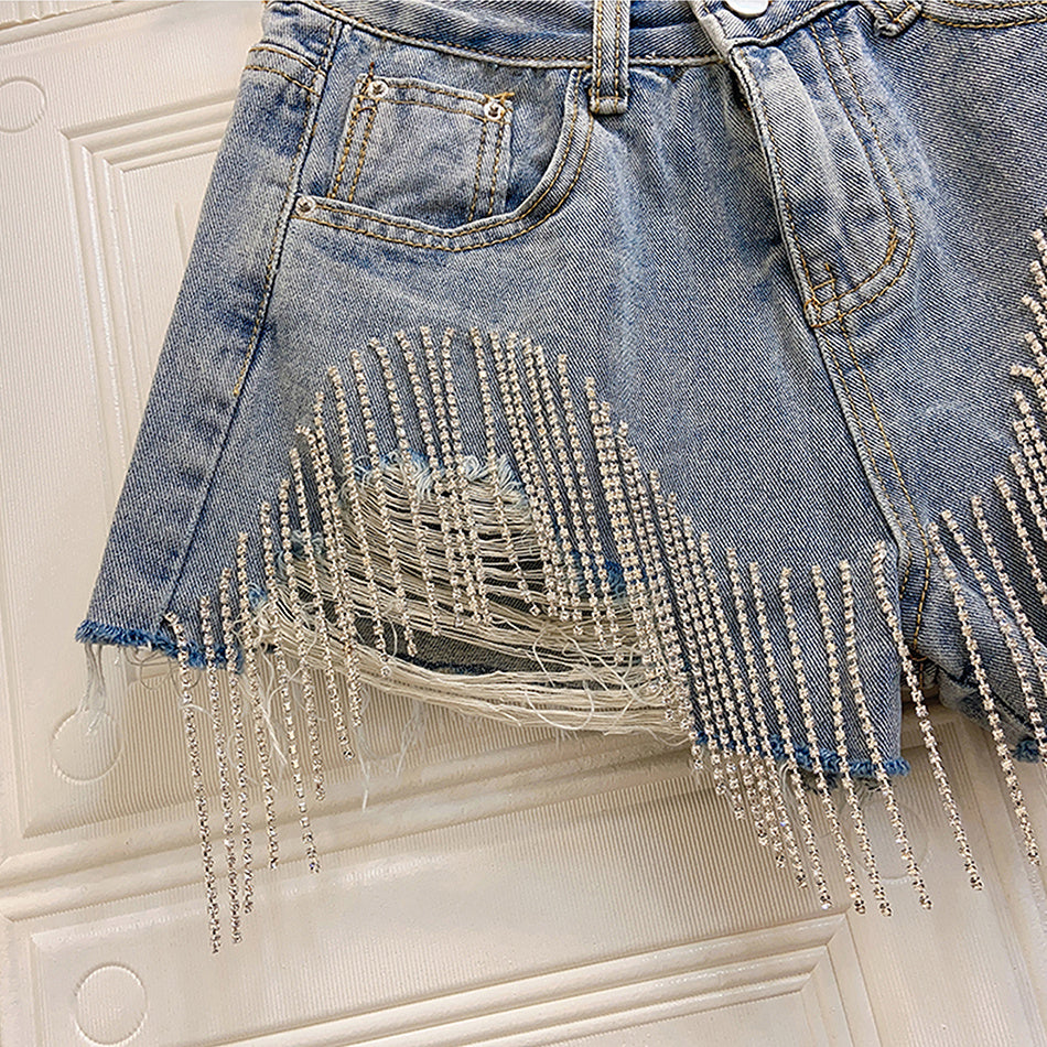 Fringed Chain Jeans Women's High Waist Slim Se Xy Shorts European And American Style Heavy Industry Beading Tide