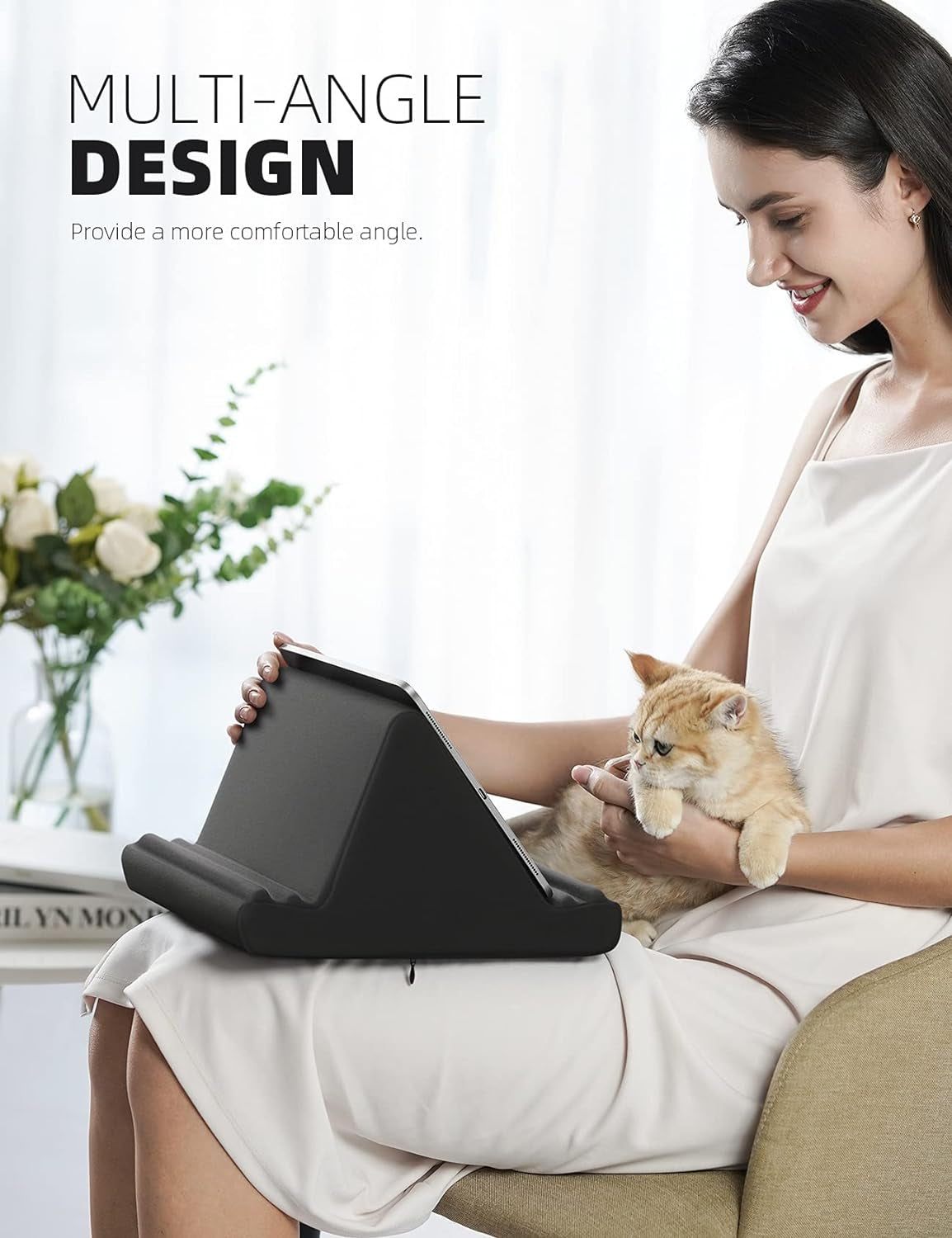 Versatile Tablet Pillow Holder Stand - Soft Pad Dock for Lap, Bed & Desk with Pocket & 4 Viewing Angles - Compatible with 2022 iPad Pro, Air, Mini, Kindle & 4-13" Devices - Sleek Black Design - Alrickas’ UNIQUE BOUTIQUE