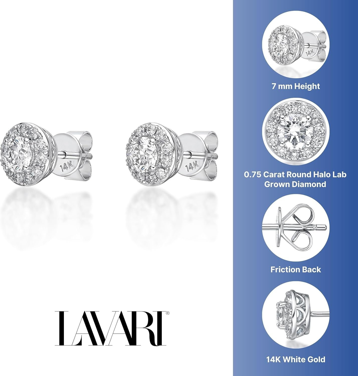 1/2 to 1 Carat Lab Grown Diamond round Halo Stud Earrings for Women in 14K White Gold (G-H, VS2-SI1, Cttw) Post with Friction Back by