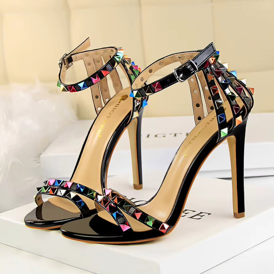 Summer Women 11Cm High Heels Rivets Studded Sandals Lady Sandles Stiletto Gladiator Pumps Stripper Fetish Open Toe Luxury Shoes