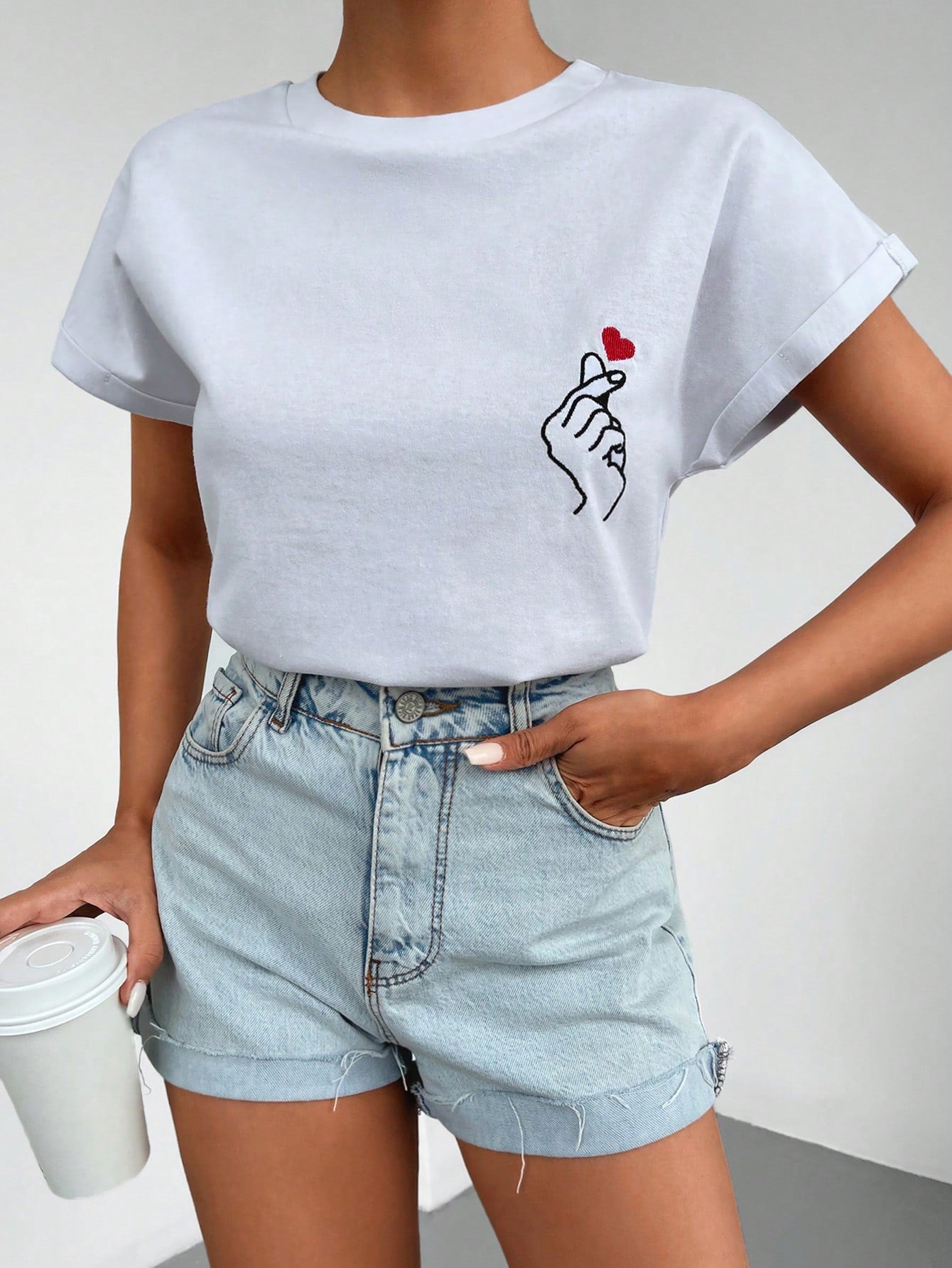Heart & Hand Print Batwing Sleeve Tee