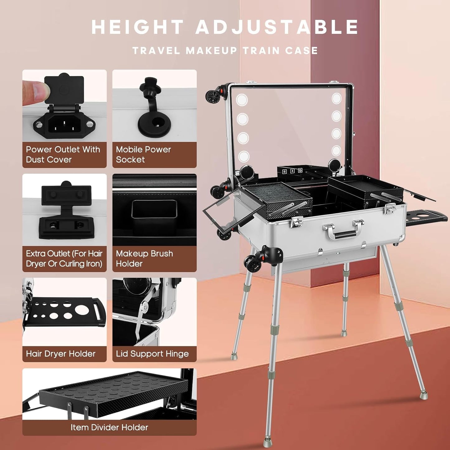 24'' Aluminum Trolley Makeup Train Case with LED Light Professional Cosmetic Make up Cosmetic Organizer Studio