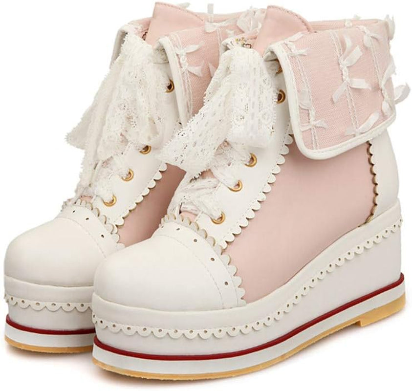 Women'S Cute Lolita Boots Cosplay Brogue Wedge Boots