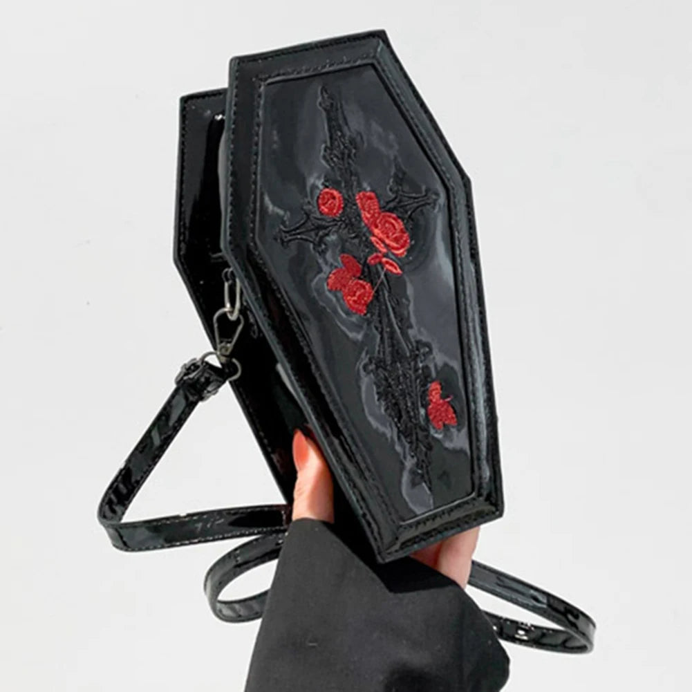 Women Coffin Satchel Purse Cartoon Gothic Crossbody Bag Versatile Rose Shoulder Bag Rose Crossbody Pouch Halloween Purse