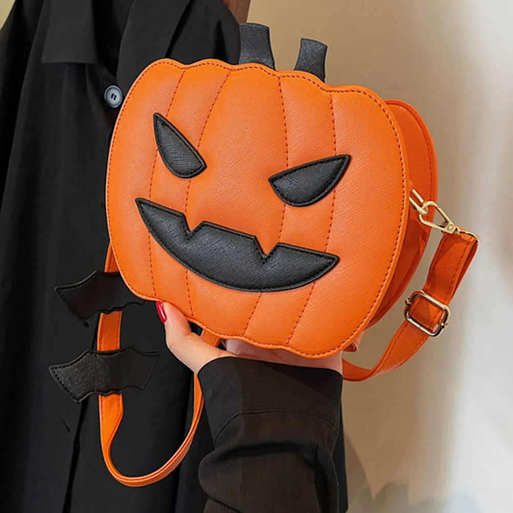 Women Novelty Pumpkin Purse PU Leather Demon Messenger Bag with Zipper Adjustable Strap Halloween Funny Bag