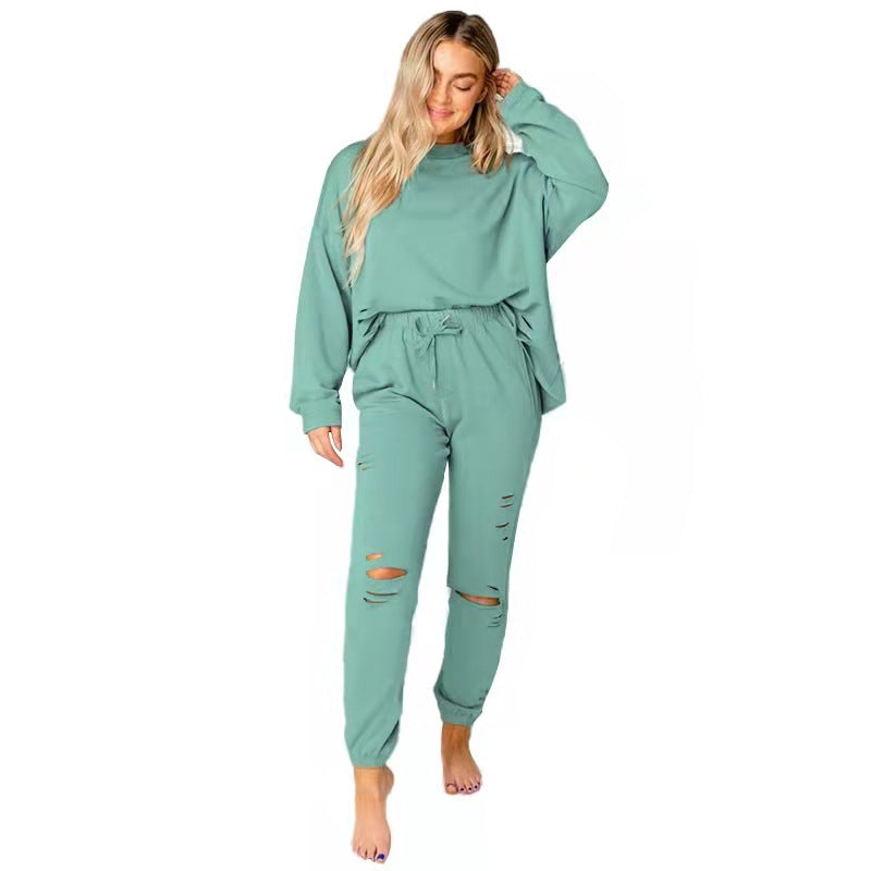 Chic Women's Ripped Round Neck Pullover & Pants Set - Casual Long Sleeve Cotton Sweatshirt Suit - Alrickas’ UNIQUE BOUTIQUE