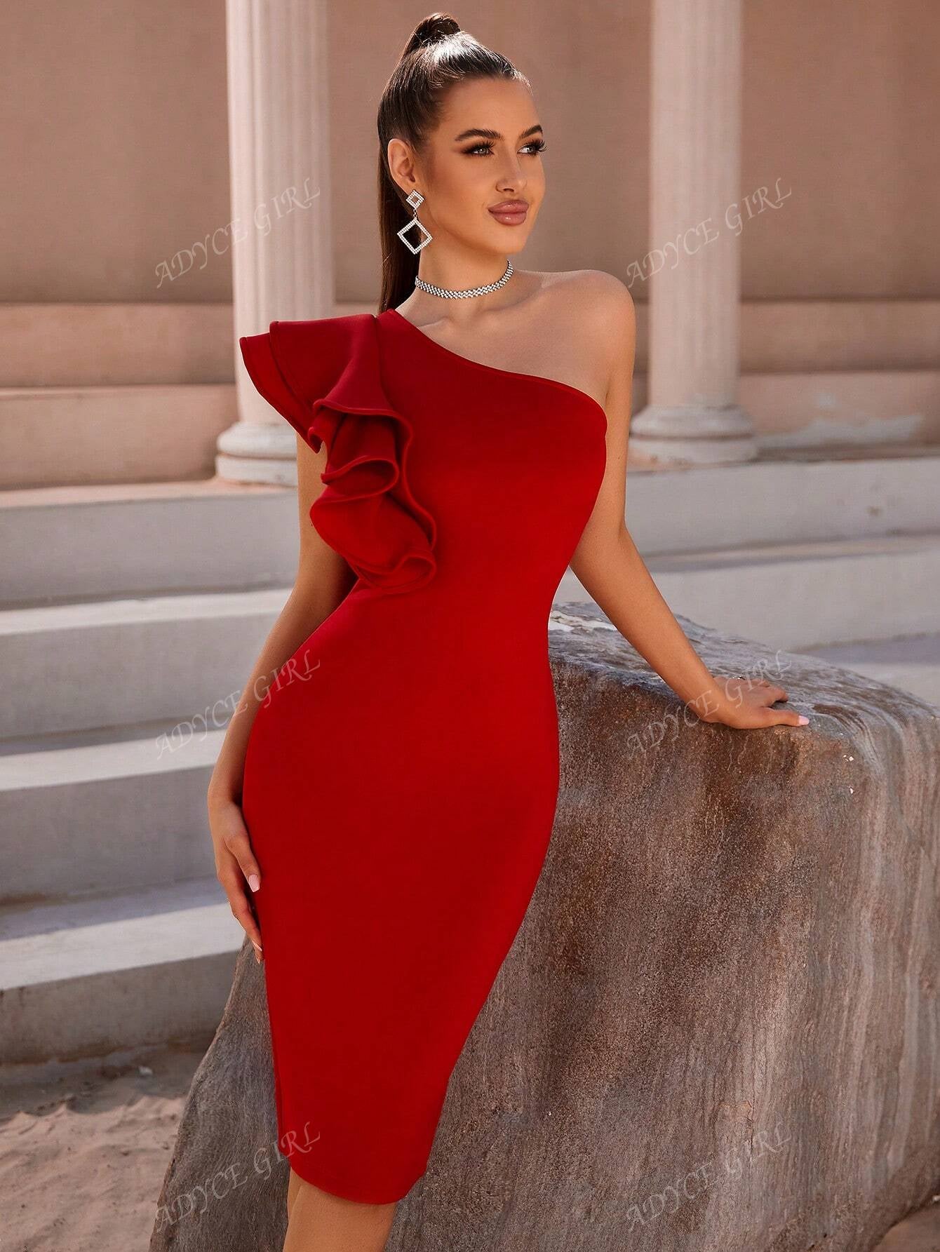 ADYCE One Shoulder Exaggerated Ruffle Trim Split Back Cocktail Party Bandage Dress