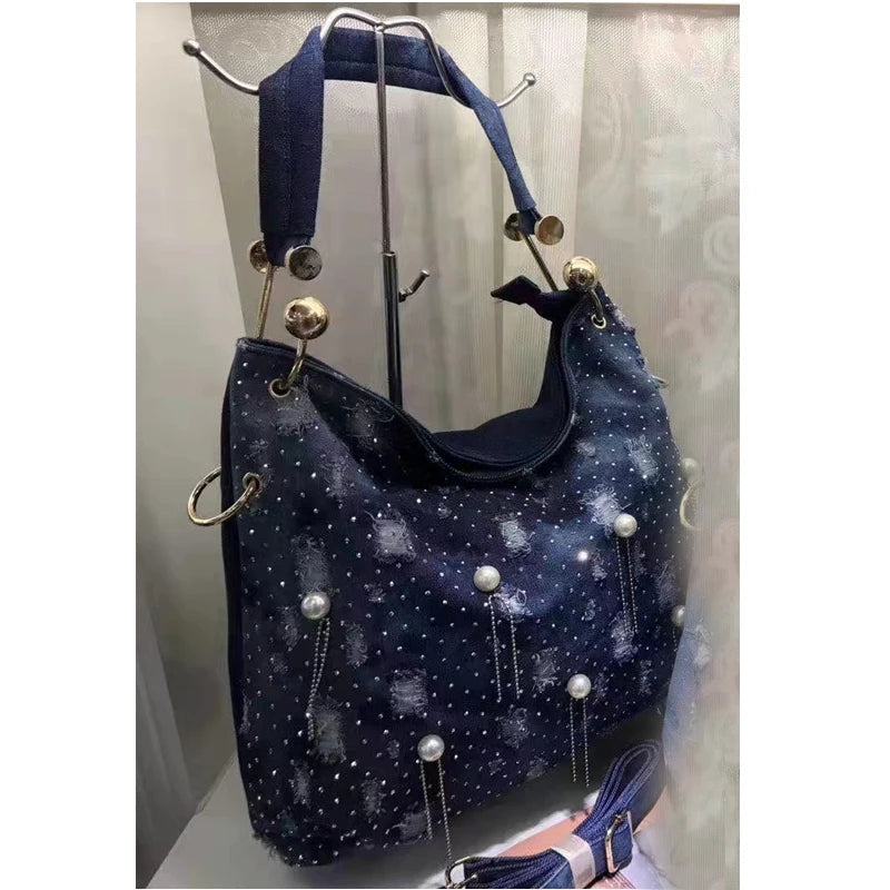 Luxury Pearl Denim Shoulder Bag for Women - High-Quality Designer Crossbody Handbag - Alrickas’ UNIQUE BOUTIQUE