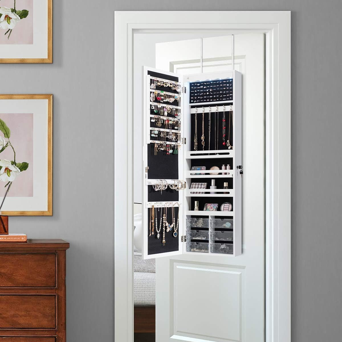 Elegant Wall-Mounted Jewelry Cabinet Armoire with Full-Length Mirror, Lockable Organizer, 5 LED Lights, and Spacious Storage with 6 Acrylic Drawers - White - Alrickas’ UNIQUE BOUTIQUE