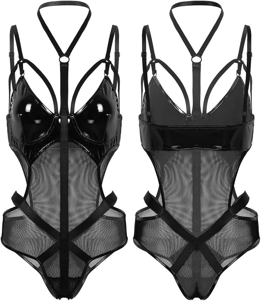 Women’S Wet Look Lingerie Leather Bodysuit Mesh Patchwork Halter Neck High Cut Leotard Bodysuit Clubwear