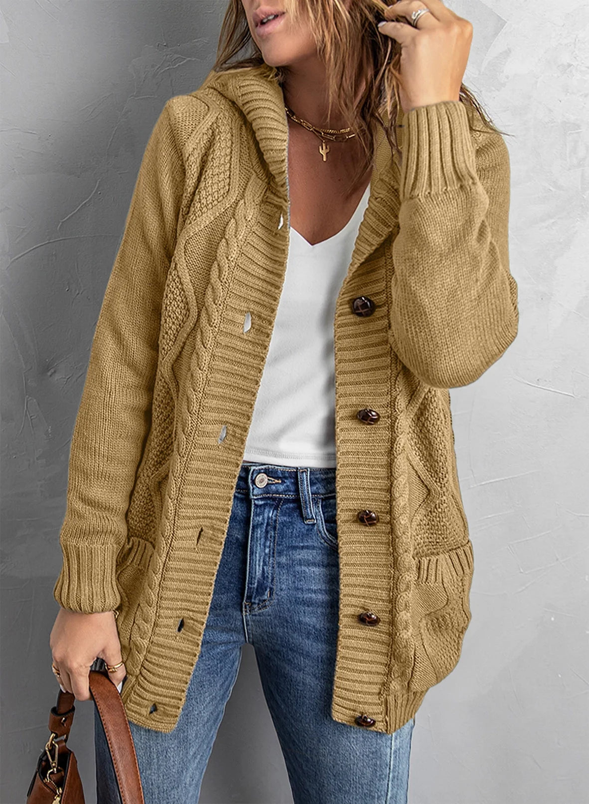 Chic Hooded Cardigan Sweater for Women - Long Sleeve Button-Down Knit Coat with Pockets - Alrickas’ UNIQUE BOUTIQUE
