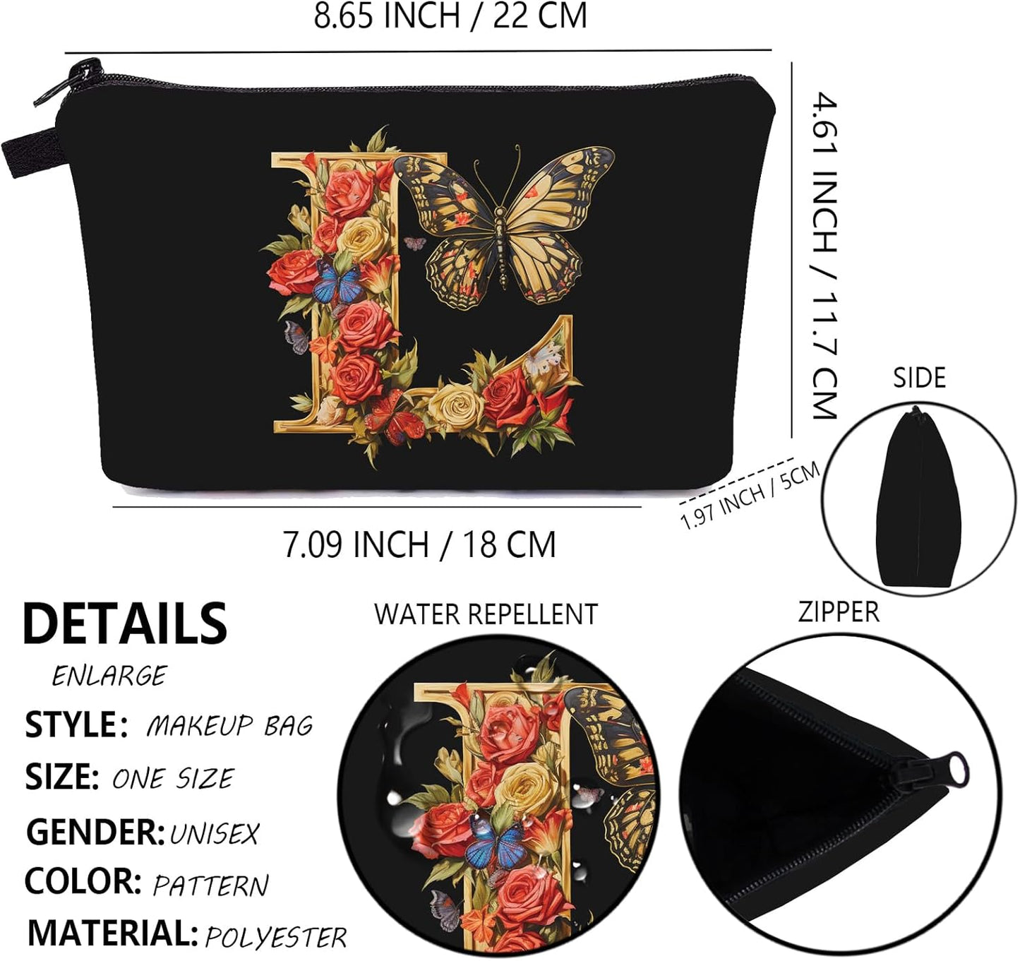 Makeup Bag and Keychain Letters Zipper Pouch Travel Accessories Black Cosmetic Bag Make up Organizer (L)
