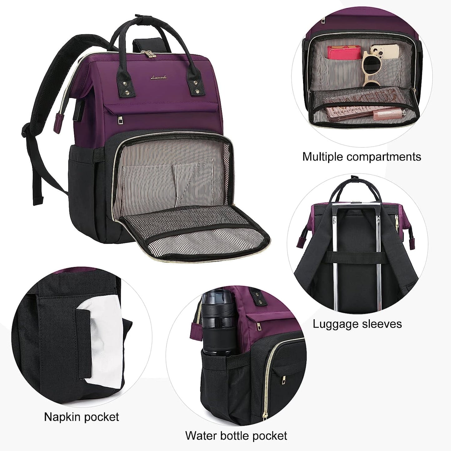 Laptop Bag 15.6",Women Work Computer Bag Teacher Nurse Backpack Purse with Usb,Waterproof Travel Backpack College Bookbag(Dark Purple-Black)