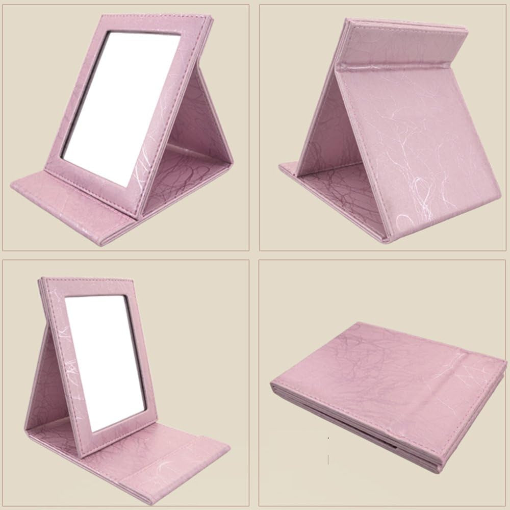 Portable Folding Vanity Mirror with Stand, Collapsible Mirror Make-Up Mirror Dresser Foldable Mirror Make-Up Tools and Accessories (Large, Pink)