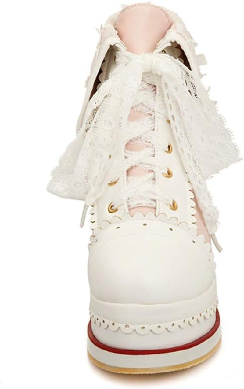 Women'S Cute Lolita Boots Cosplay Brogue Wedge Boots