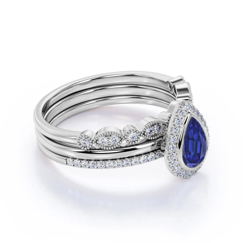 1.5 Carat Pear Shaped Antique Cornflower Lab Created Blue Sapphire Wedding Trio Ring Set in 18K White Gold over Silver