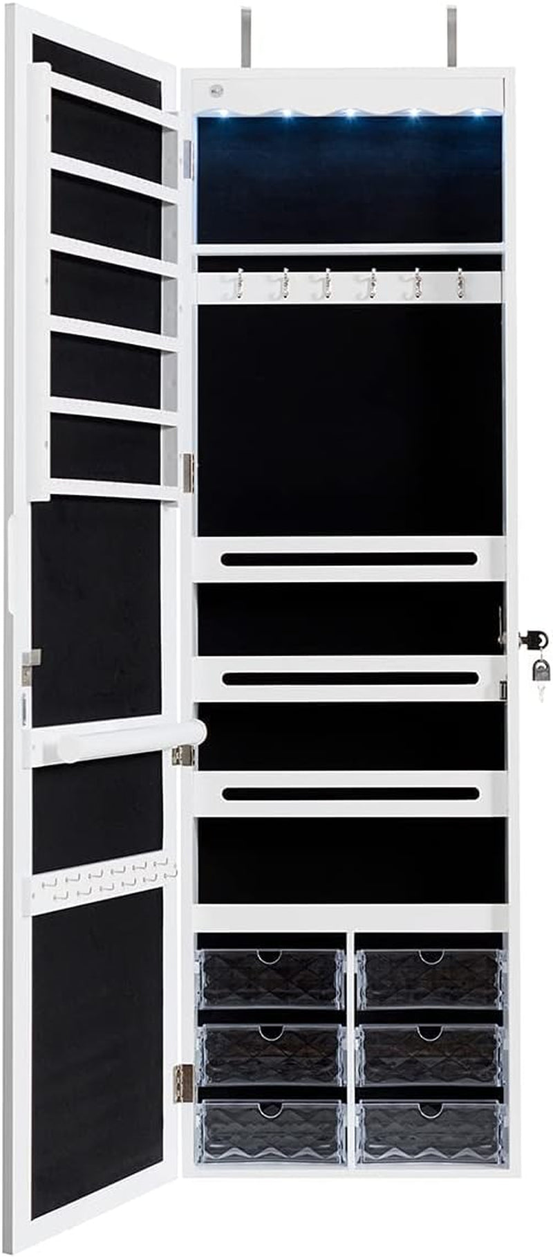Elegant Wall-Mounted Jewelry Cabinet Armoire with Full-Length Mirror, Lockable Organizer, 5 LED Lights, and Spacious Storage with 6 Acrylic Drawers - White - Alrickas’ UNIQUE BOUTIQUE