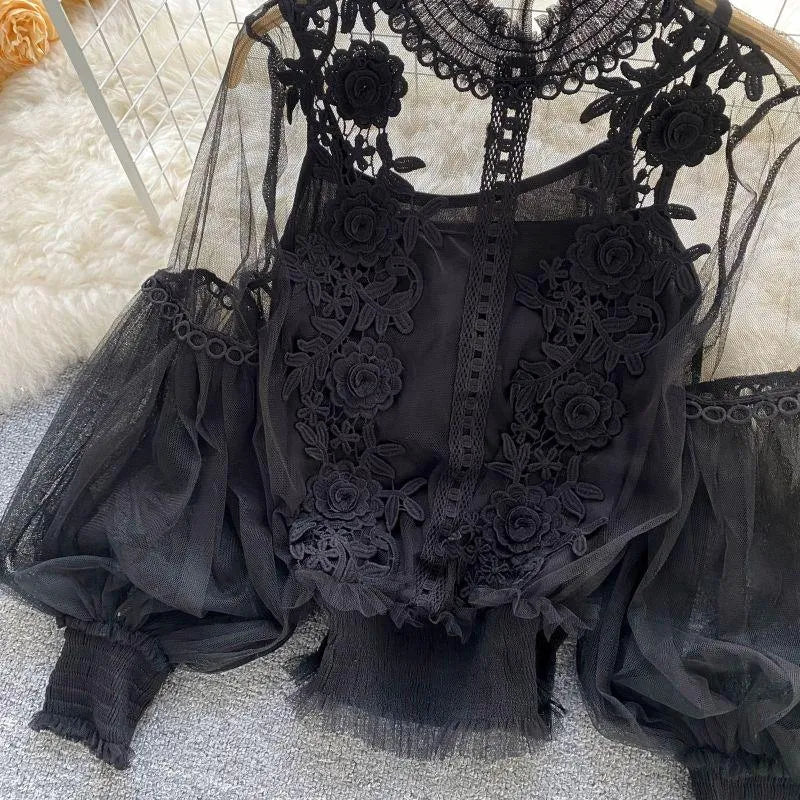 Chic Vintage Lantern Lace Blouses for Women - Spring & Autumn Long Sleeve Tops in White, Blue, Black, and Purple - Alrickas’ UNIQUE BOUTIQUE