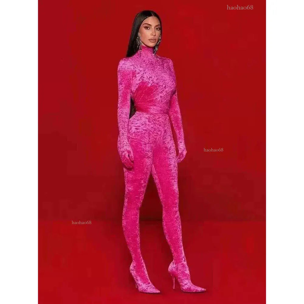 Women S Jumpsuits Rompers Celebrity Fashion Jumpsuit Rosered Color Velvet Women Long Sleeve Sexy Bodycon Full Length Red Carpet Wear 231005