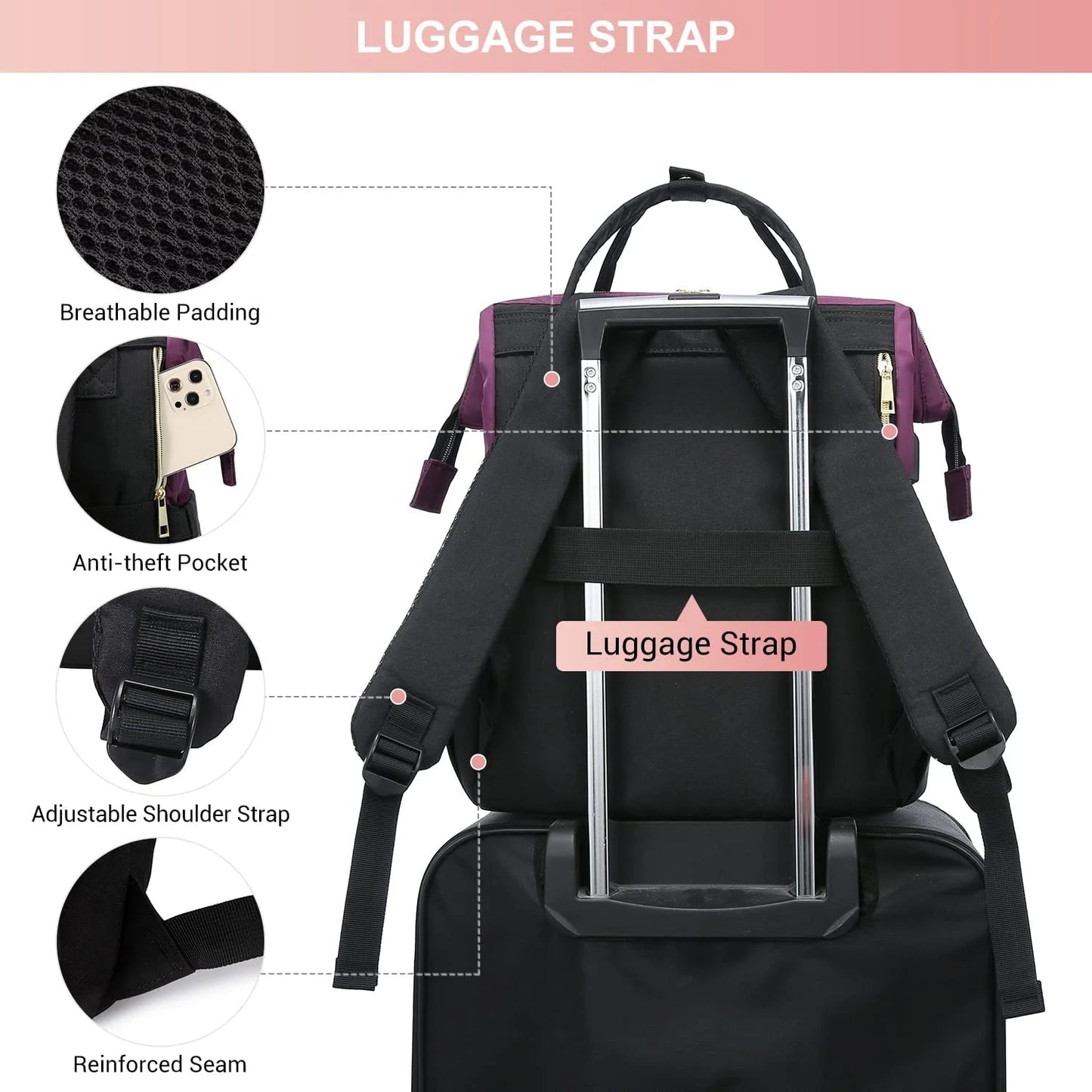 Laptop Bag 15.6",Women Work Computer Bag Teacher Nurse Backpack Purse with Usb,Waterproof Travel Backpack College Bookbag(Dark Purple-Black)