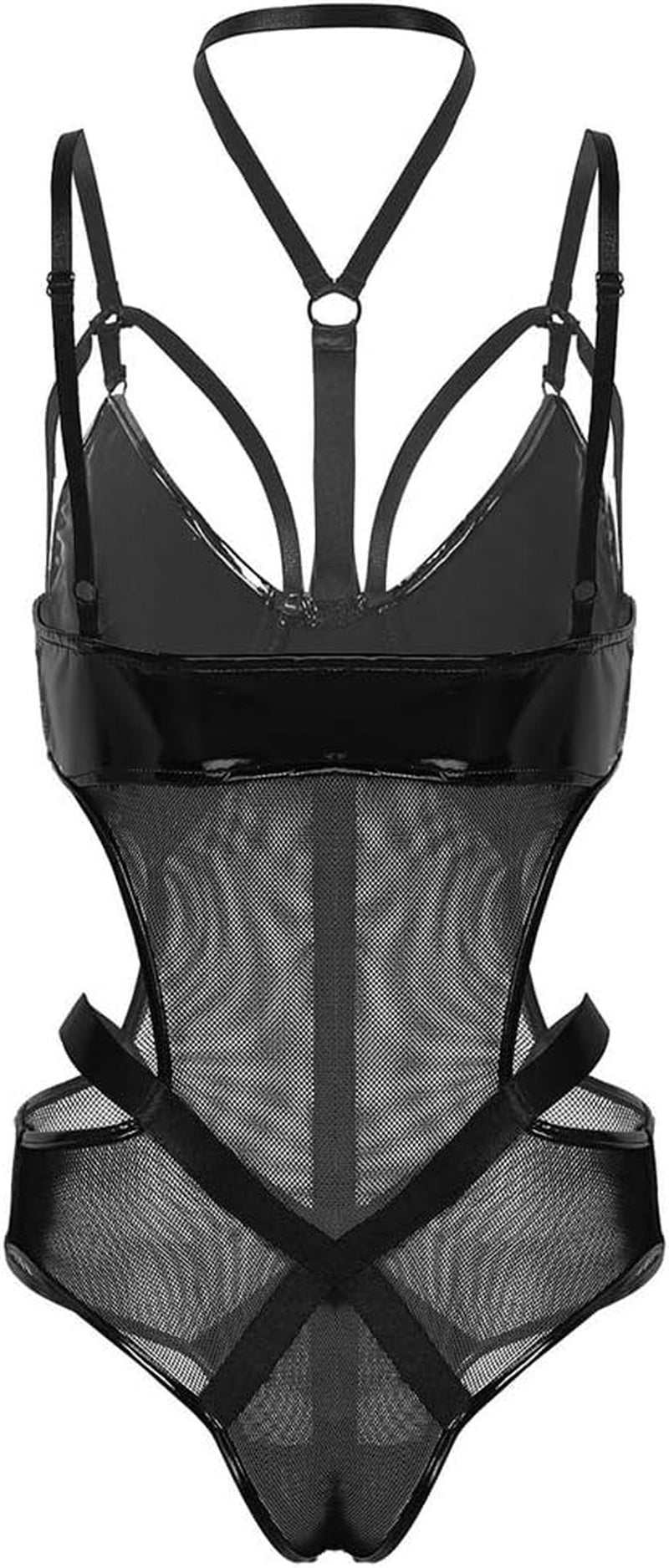 Women’S Wet Look Lingerie Leather Bodysuit Mesh Patchwork Halter Neck High Cut Leotard Bodysuit Clubwear