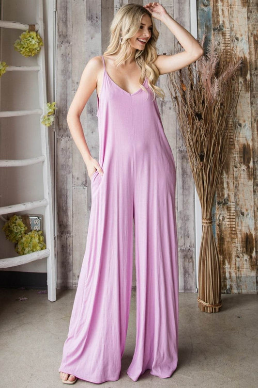 Chic Veveret Wide Leg Jumpsuit with Pocketed Spaghetti Straps and V-Neck Design - Alrickas’ UNIQUE BOUTIQUE