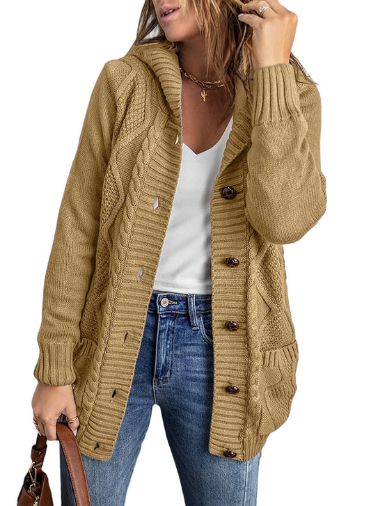 Chic Hooded Cardigan Sweater for Women - Long Sleeve Button-Down Knit Coat with Pockets - Alrickas’ UNIQUE BOUTIQUE