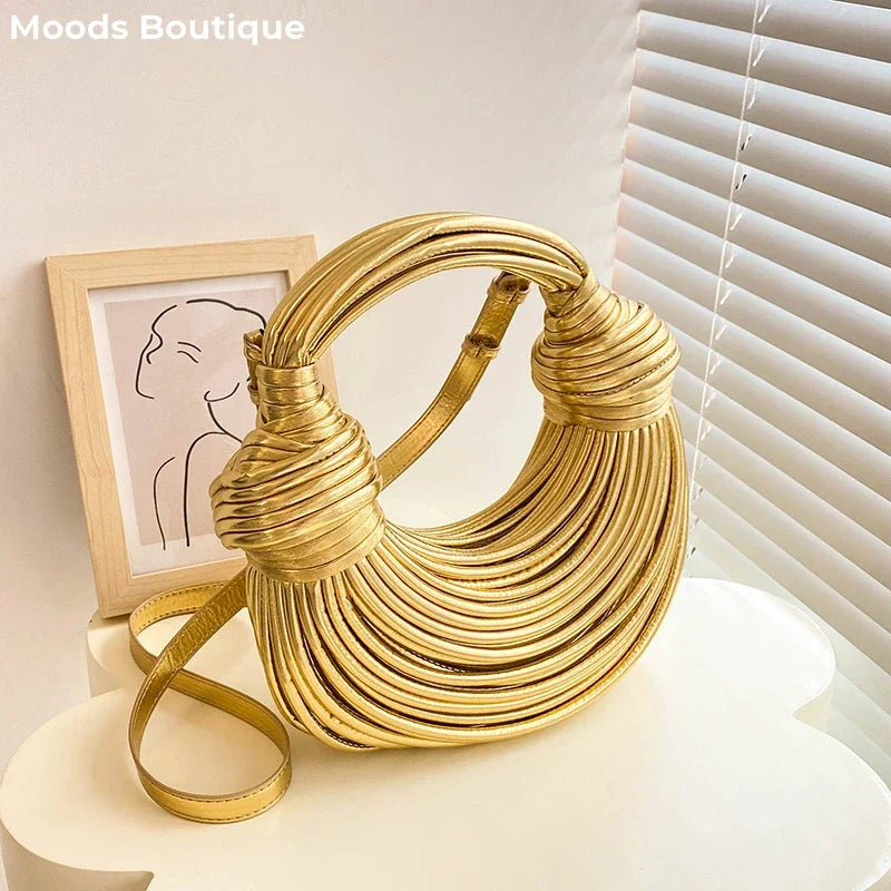 MOODS Elegant Golden Noodle Knot Evening Clutch - Luxury Designer Purse for Dinner Parties 2023 - Alrickas’ UNIQUE BOUTIQUE
