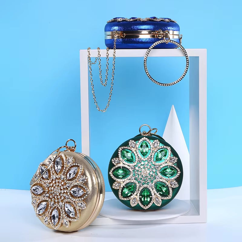 Green Clutch Bag Women round Clutch Purse Evening Bag Crystal Wedding Purse and Handbag Exquisite Chain Shoulder Bag ZD1244