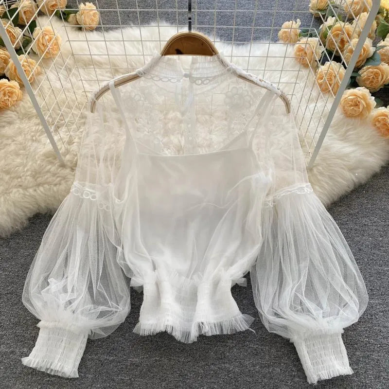 Women'S Blouses & Shirts Women Spring Autumn Long Sleeve Top Perspective Decal Vintage Dress White/Blue/Black/Purple Lantern Lace Court Styl