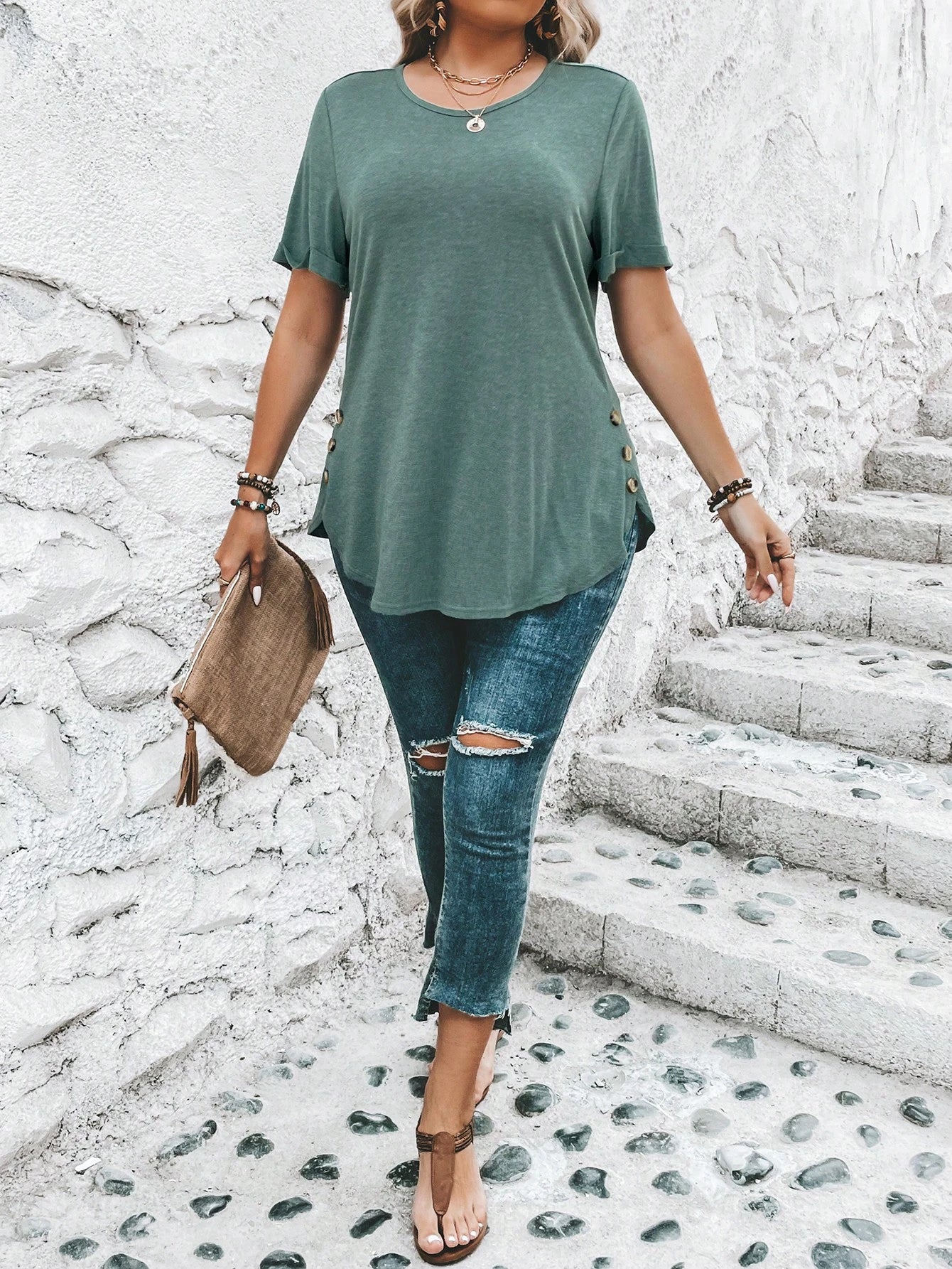 SHEIN LUNE plus Button Detail round Neck Short Sleeve Tee