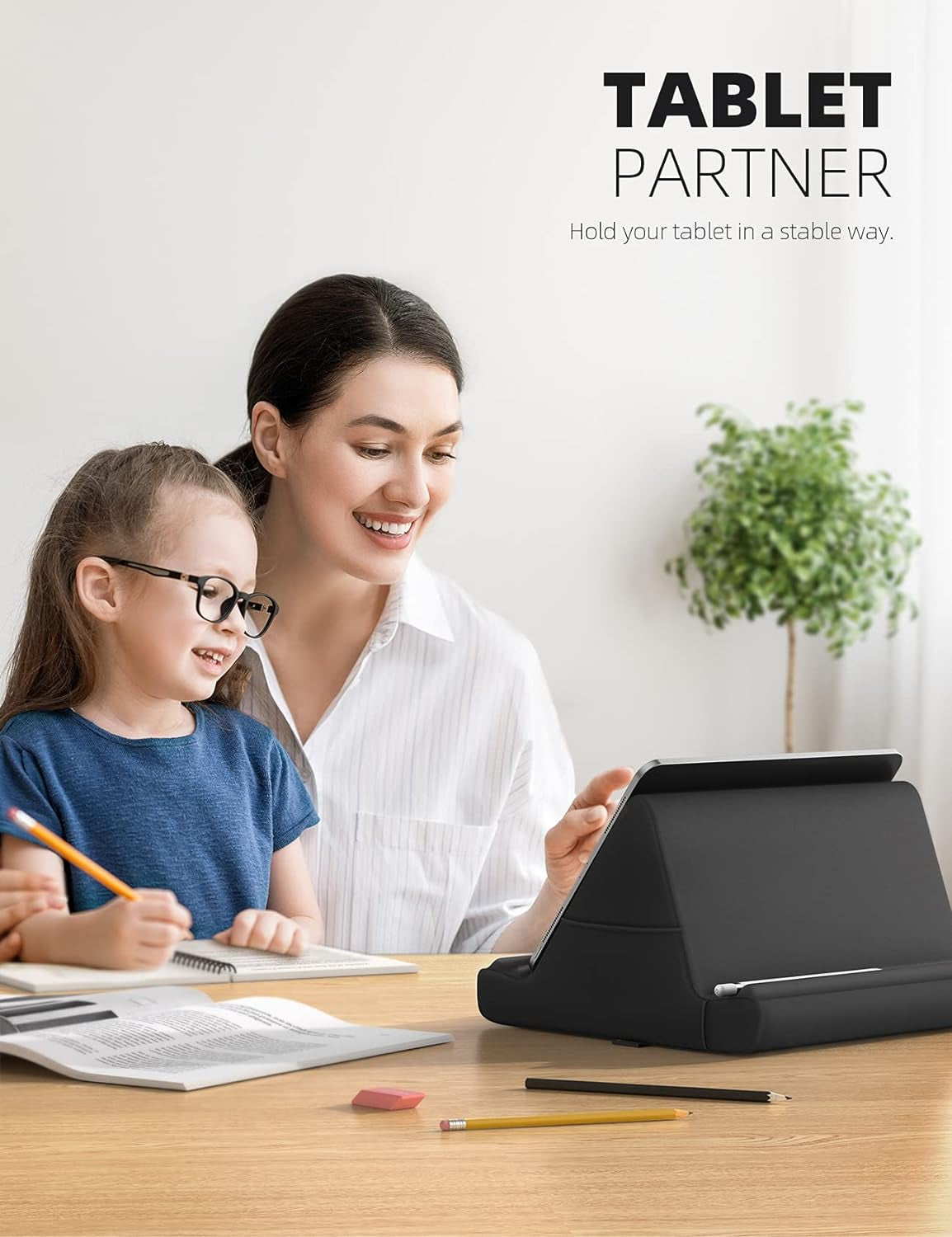 Versatile Tablet Pillow Holder Stand - Soft Pad Dock for Lap, Bed & Desk with Pocket & 4 Viewing Angles - Compatible with 2022 iPad Pro, Air, Mini, Kindle & 4-13" Devices - Sleek Black Design - Alrickas’ UNIQUE BOUTIQUE