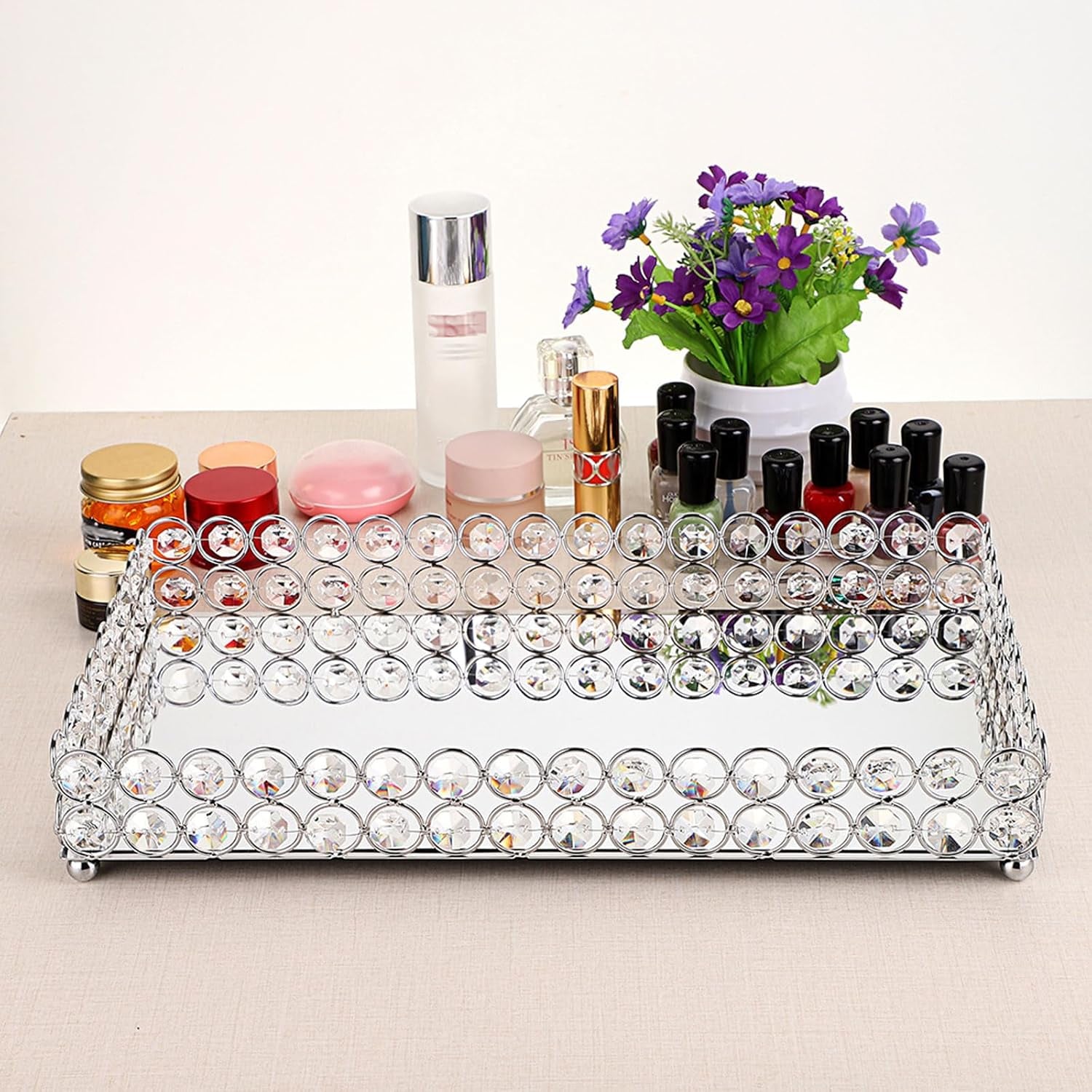 Elegant Large Crystal Makeup & Jewelry Organizer Tray - Mirrored Vanity Dresser & Bathroom Decor, 13.7" x 7.87 - Alrickas’ UNIQUE BOUTIQUE