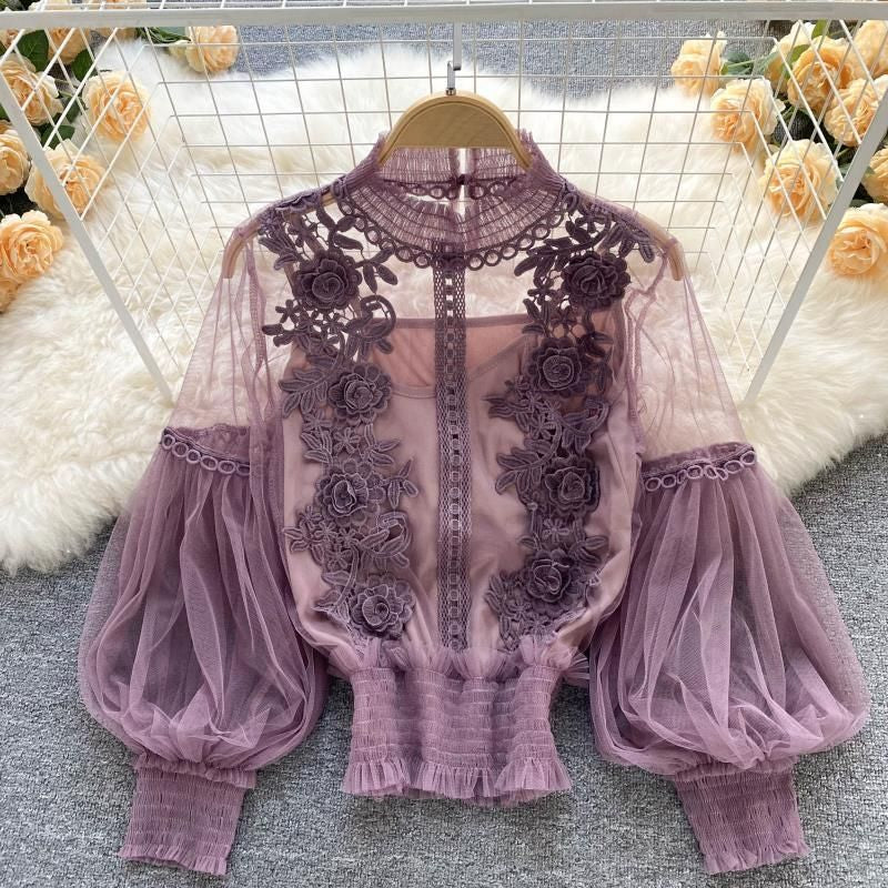 Women'S Blouses & Shirts Women Spring Autumn Long Sleeve Top Perspective Decal Vintage Dress White/Blue/Black/Purple Lantern Lace Court Styl