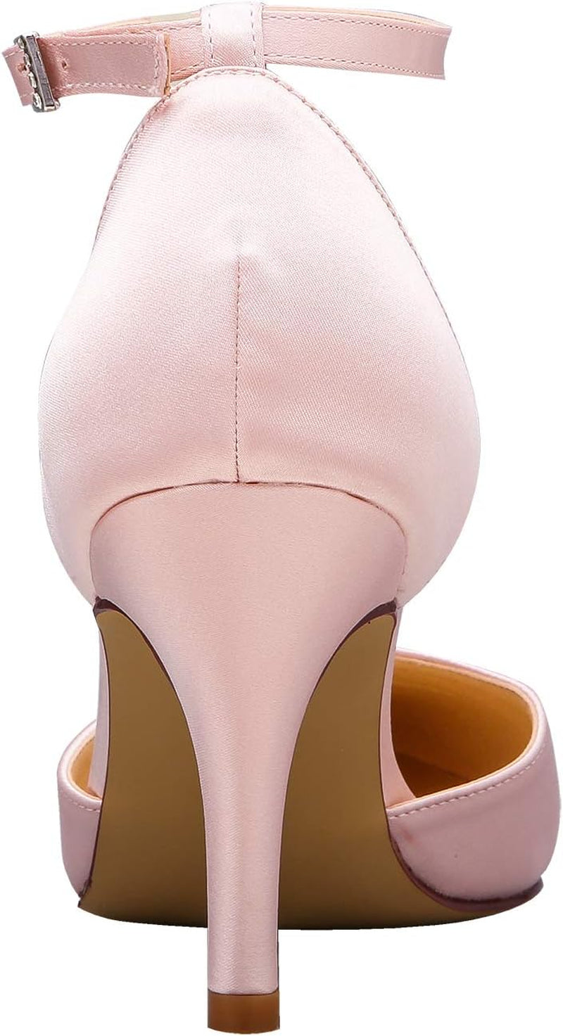 Heels for Women Pointed Toe High Heel Pumps Satin Ankle Strap Wedding Bridal Evening Party Dress Shoes