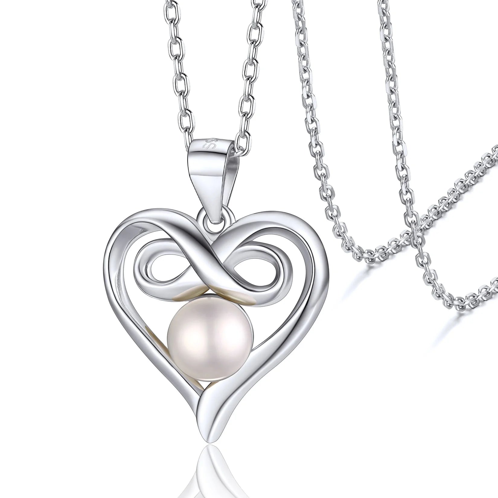 Elegant Heart Infinity Necklace with Freshwater Pearl - Sterling Silver Jewelry Gift for Her - Alrickas’ UNIQUE BOUTIQUE