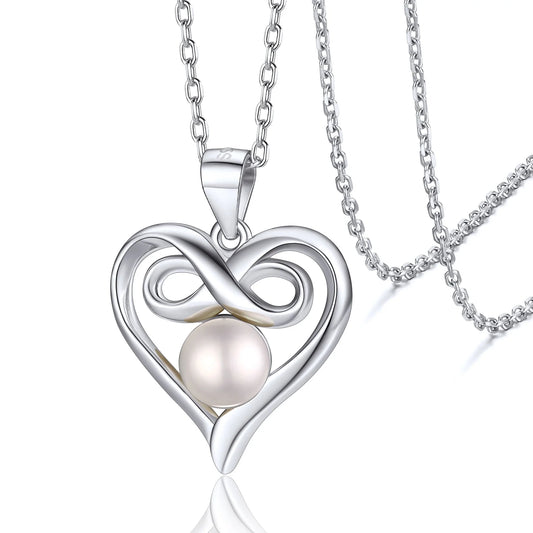 Elegant Heart Infinity Necklace with Freshwater Pearl - Sterling Silver Jewelry Gift for Her - Alrickas’ UNIQUE BOUTIQUE