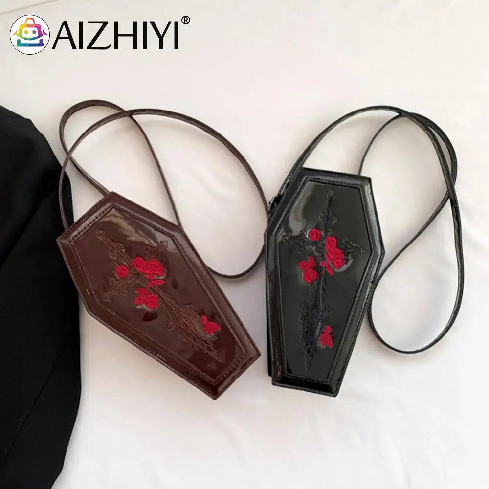 Women Coffin Satchel Purse Cartoon Gothic Crossbody Bag Versatile Rose Shoulder Bag Rose Crossbody Pouch Halloween Purse