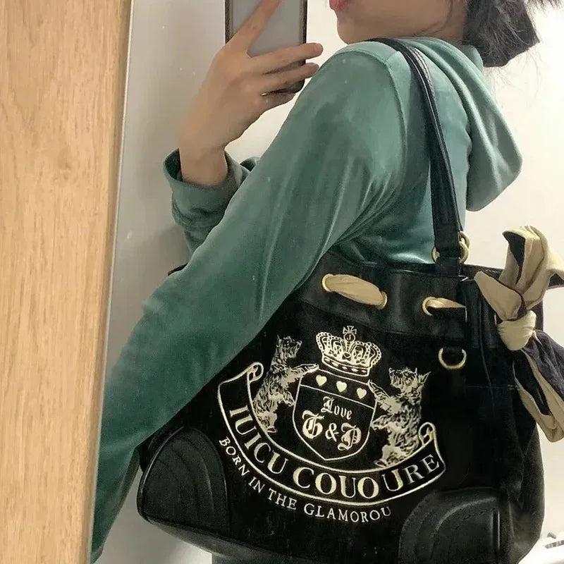 Y2K Women Vintage Retro Chic Embroidery Velvet Handbags Ladies Large-Capacity Tote Bag Girl Shopping Shoulder Bag Women'S Purses