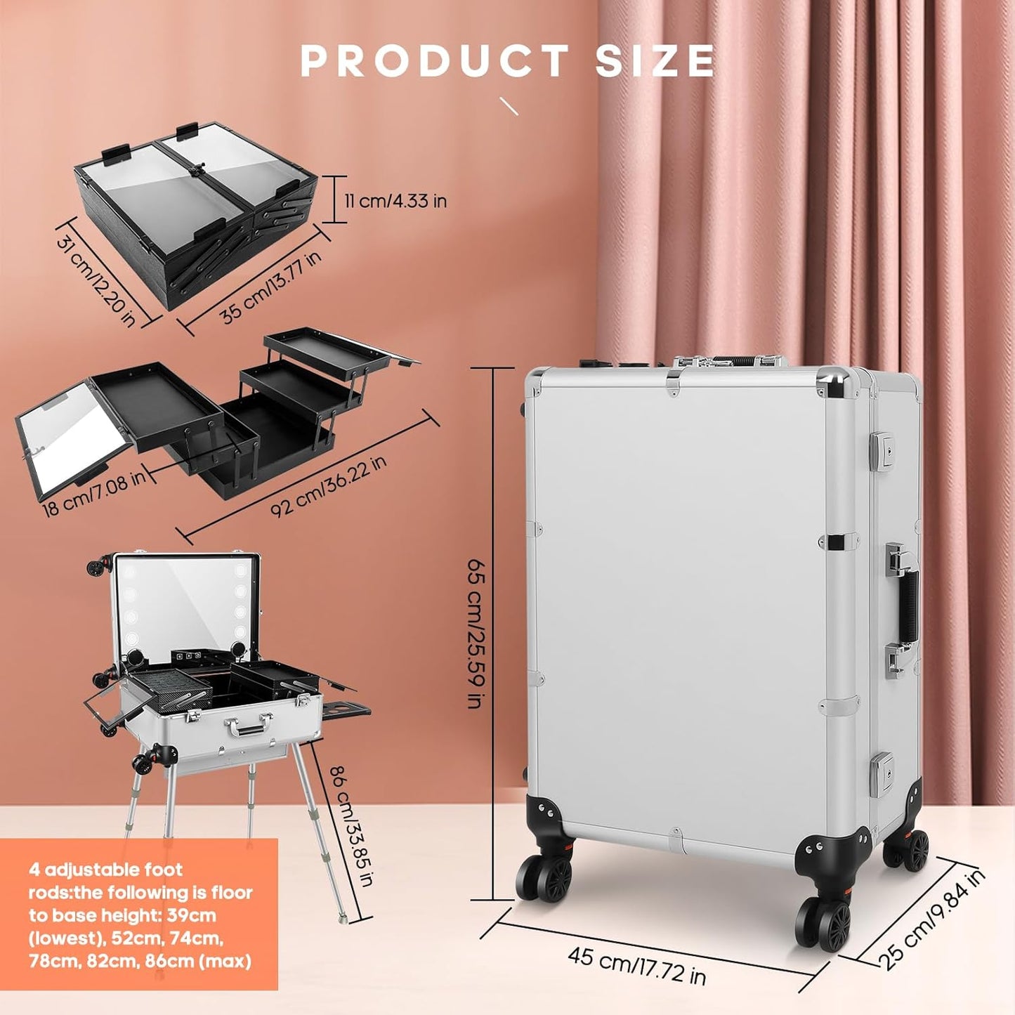 24'' Aluminum Trolley Makeup Train Case with LED Light Professional Cosmetic Make up Cosmetic Organizer Studio