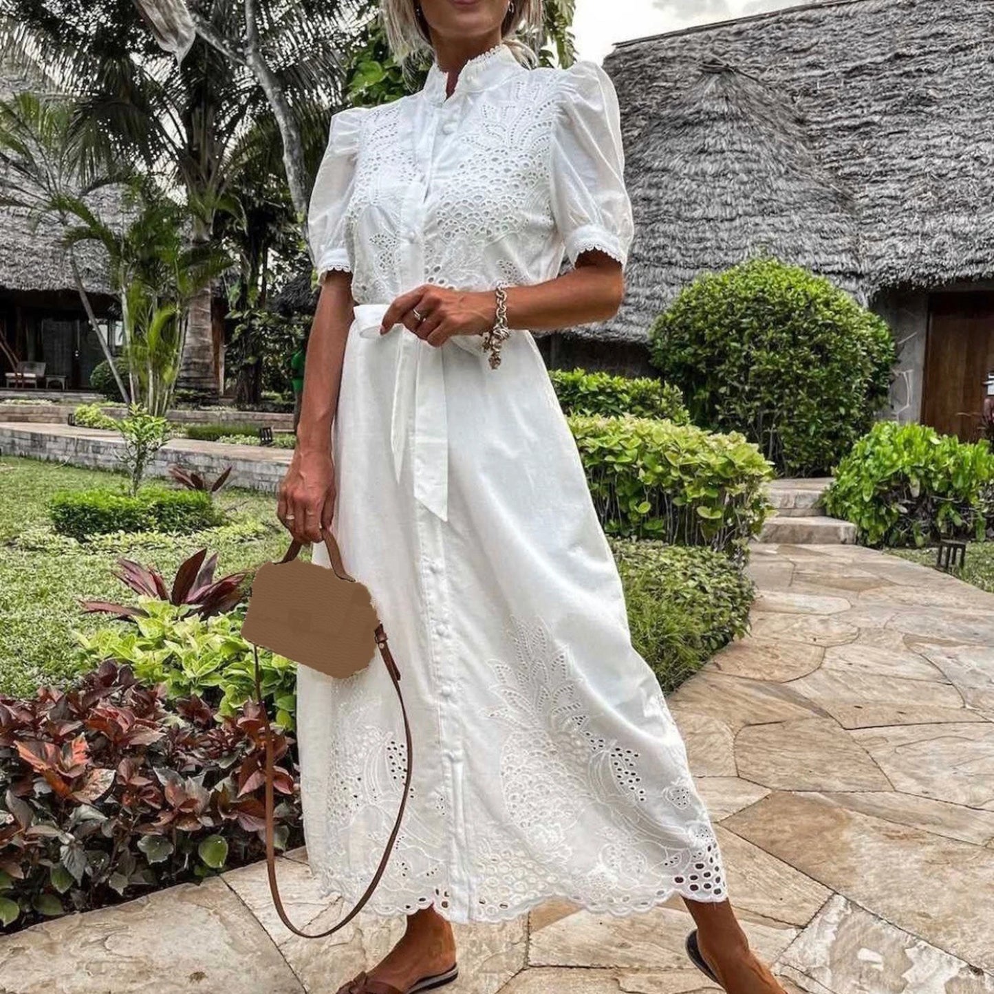 Embroidery Women Chic Lace up Midi Dress Elegant Lapel Short Sleeve Single Breasted Vestidos 2023 Summer Lady Fashion Streetwear