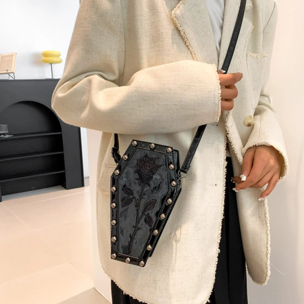 Women Gothic Crossbody Bag Coffin Shoulder Bag Purse Cartoon Spider Coffin Bag Y2K Messenger Phone Bag Halloween Sling Purse