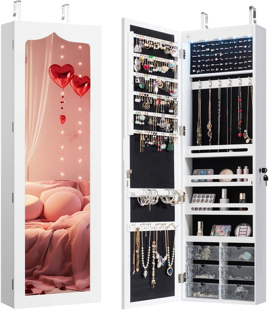 Elegant Wall-Mounted Jewelry Cabinet Armoire with Full-Length Mirror, Lockable Organizer, 5 LED Lights, and Spacious Storage with 6 Acrylic Drawers - White - Alrickas’ UNIQUE BOUTIQUE