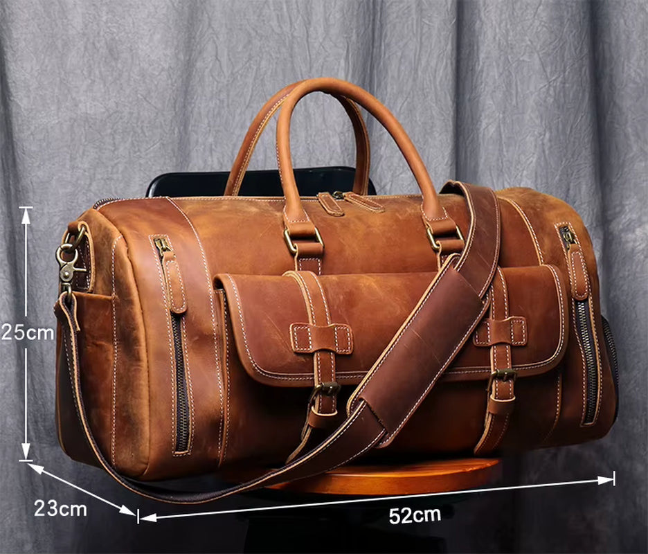 Vintage Crazy Horse Genuine Leather Travel Bag Large Luggage Bag Men Leather Duffle Bag Large Weekend Bag Tote Big